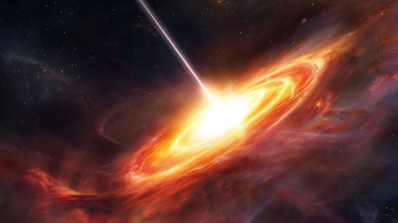 Most distant quasars: Glowing disk with a white-hot center and a jet streaming perpendicularly from the center.