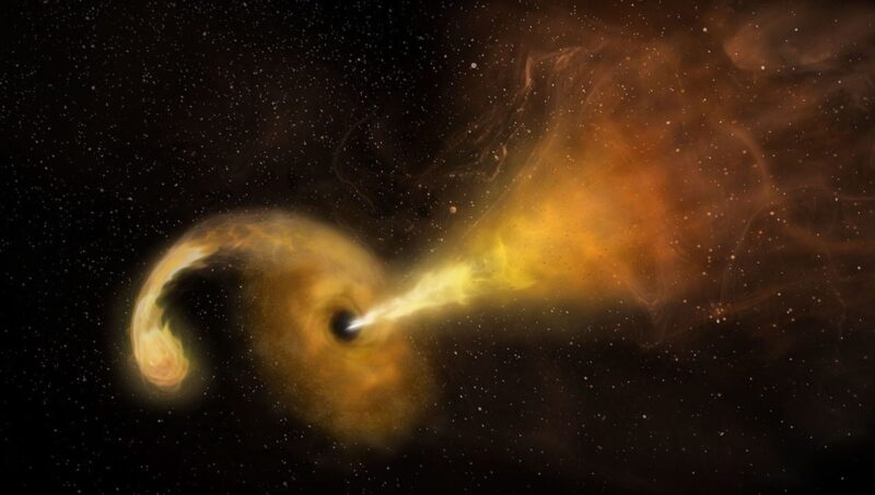 Wandering black hole: A spiral of light with a dark center and a jet spewing from the middle.