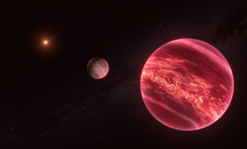 First exomoon: Star at left, world with bands in middle, larger world with glowing bands at right.