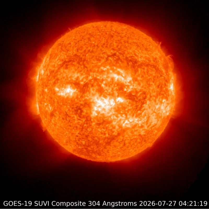 Sun news: An orange closeup sun, with one blast extending from the right side and another in the center.