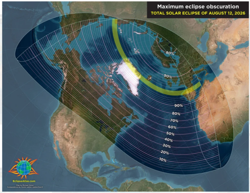 Map showing North America and lines for percent of sun that will be blocked during the eclipse.