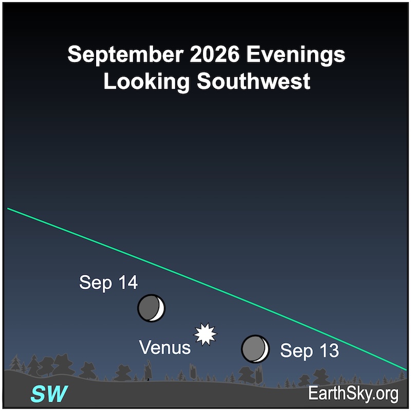 A crescent shape, the moon, moves past a starred dot, Venus. They are above a wavy line, the horizon.