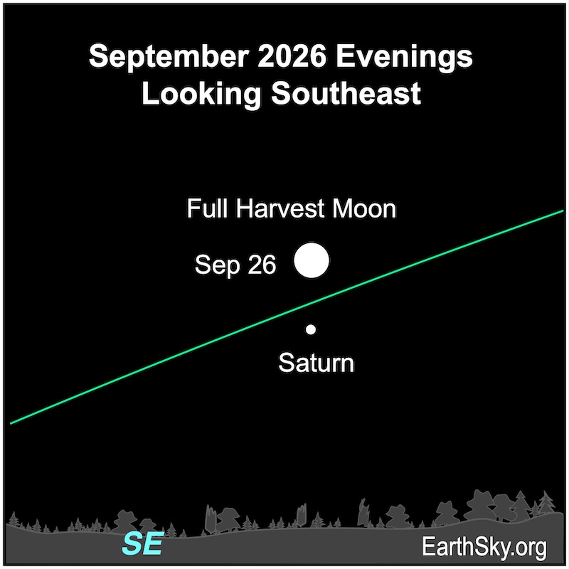 A disk, the full moon, is above of a dot, Saturn. They are all above a wavy line, the southeastern horizon.