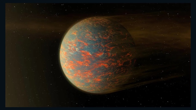 Rocky planet with bright reddish patches on its surface.