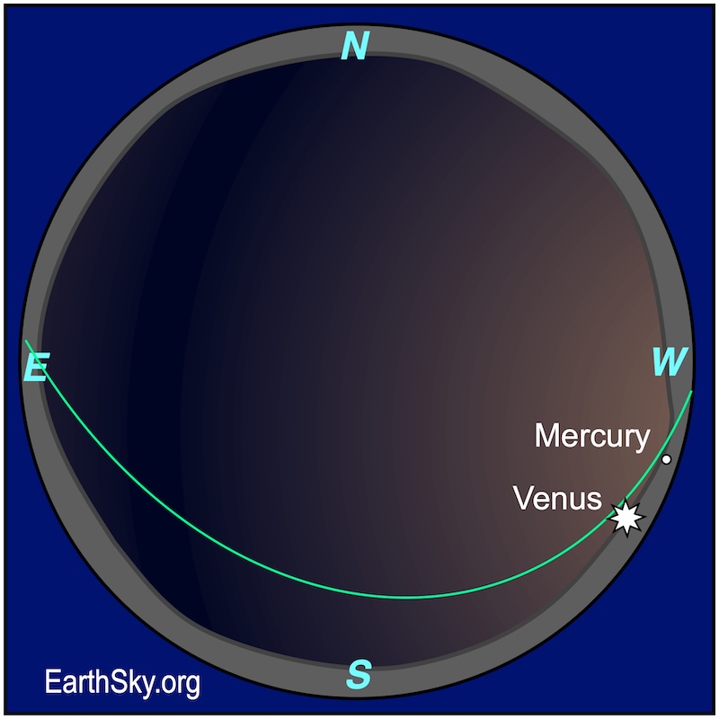 Sphere chart showing a starred dot, Venus, on the chart's right edge. It is above a wavy line, the southwestern horizon. A small dot, Mercury, lies even closer to the wavy line of the western edge.