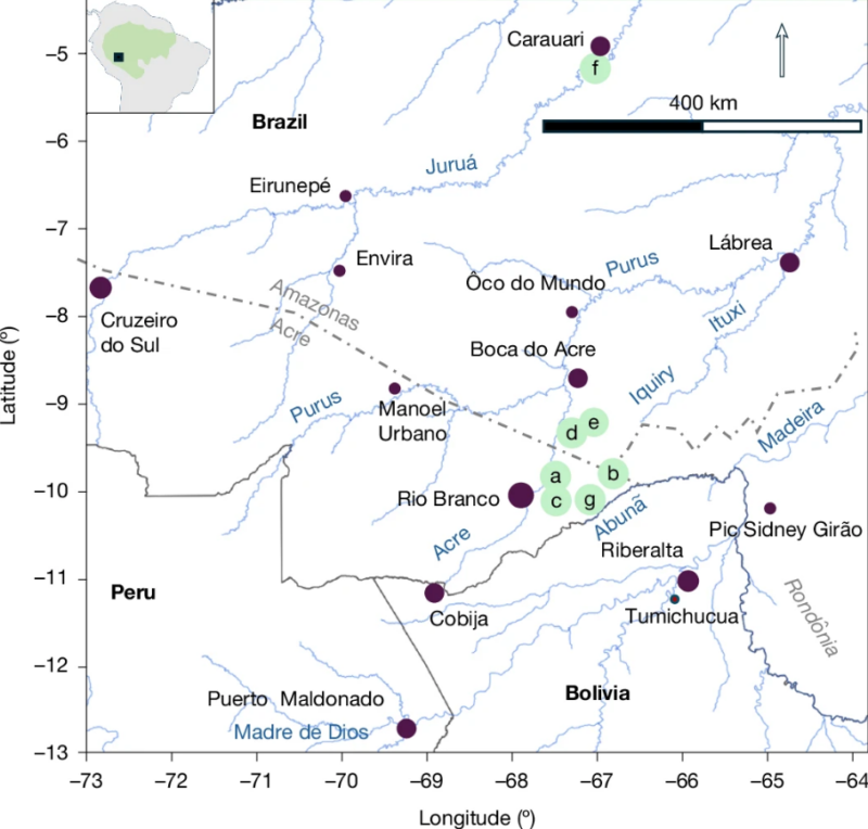 Map with inset of part of South America and close up on rivers and communities.