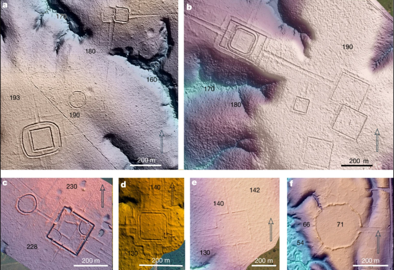 Ancient Amazon civilization: 6 boxes showing a bird's eye view of landscape with geometric shapes.