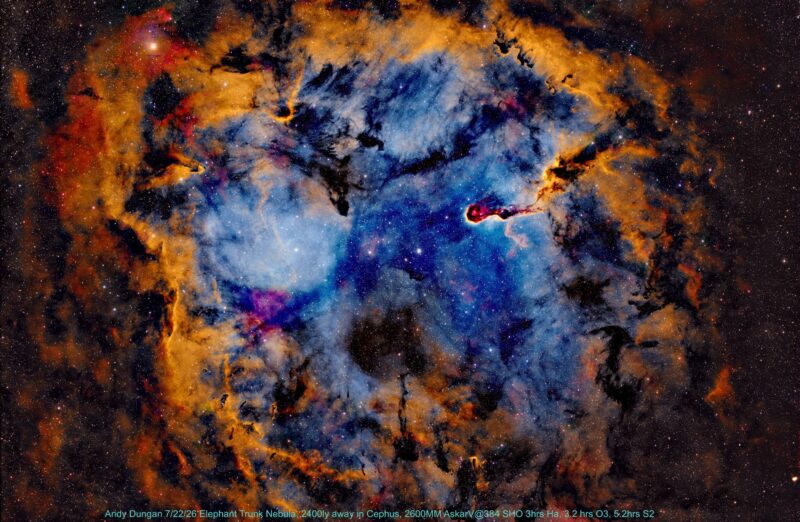 Deep-sky photos: A large, luminous and colorful cocoon shining in bright gold and blue, over a background of uncountable stars.