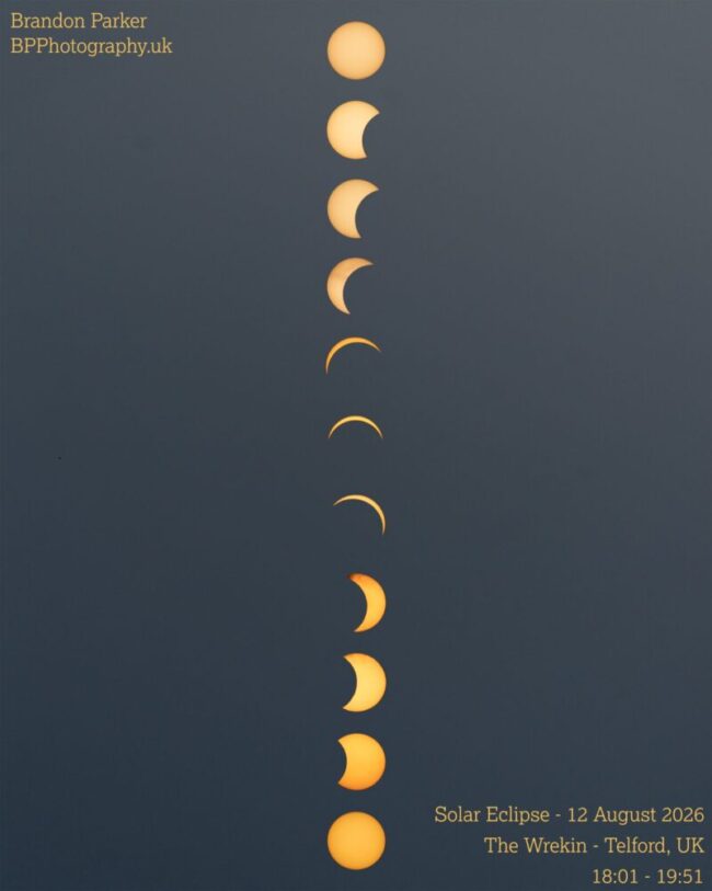 A collage with 11 crescent suns in a column over a blue gray background.