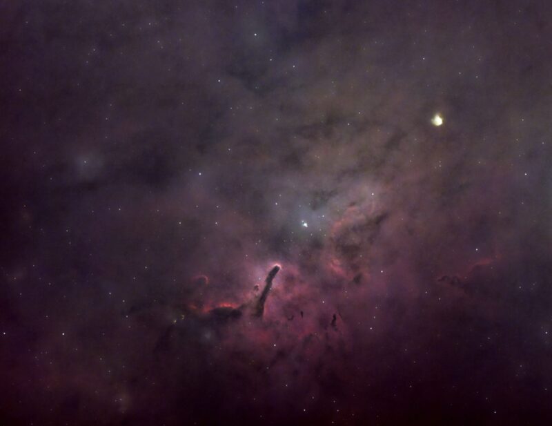 A complex area of pink nebulosity with dark lanes and sparse stars immersed within.