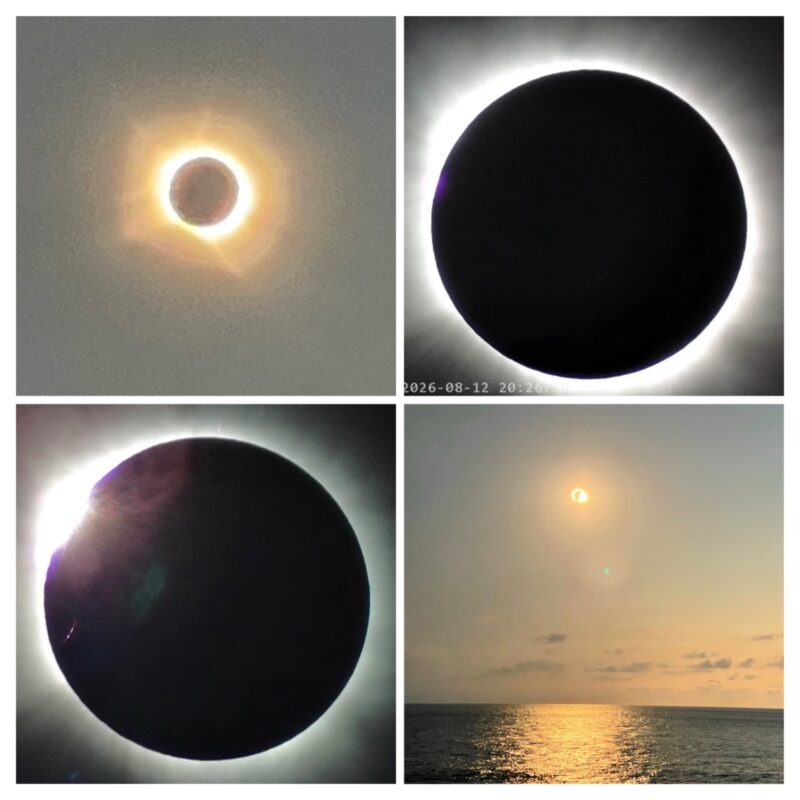 A 2x2 array of four views of a totally eclipsed sun with the solar corona.