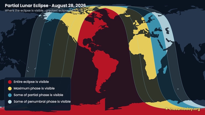 Global map showing where the partial lunar eclipse on August 28, 2026, is visible.