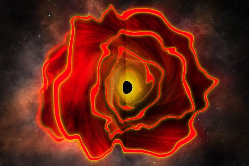 Black circle at center with orange and red jagged concentric lines around it, resembling a rose.