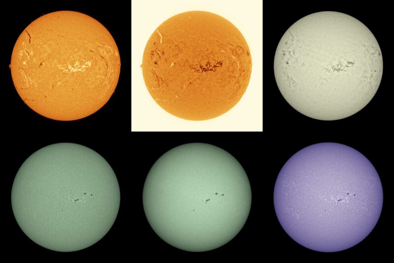 The sun, seen as six spheres in different bright colors.