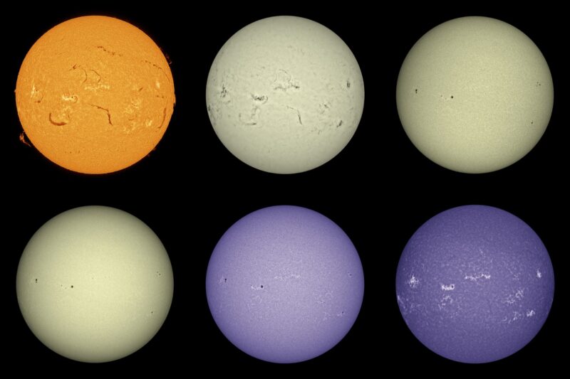 The sun, seen as six spheres in different bright colors.