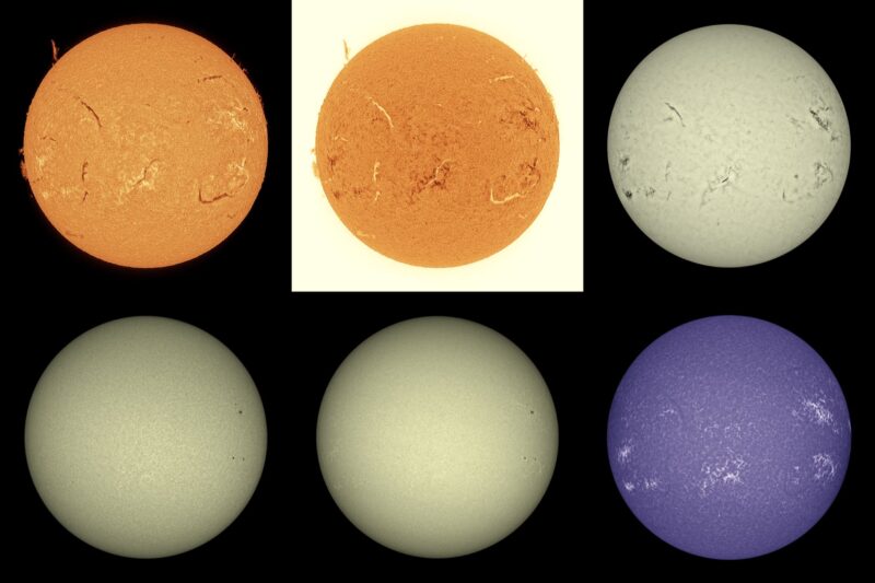 The sun, seen as four spheres in different bright colors.