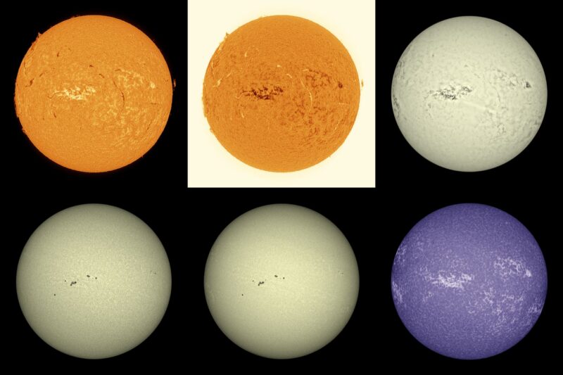 The sun, seen as six spheres in different bright colors.