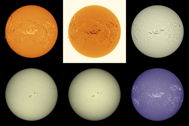 The sun, seen as six spheres in different bright colors.
