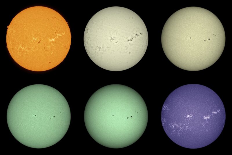 The sun, seen as six spheres in different bright colors.