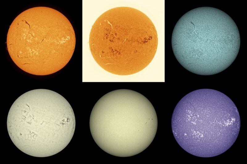 The sun, seen as six spheres in different bright colors.