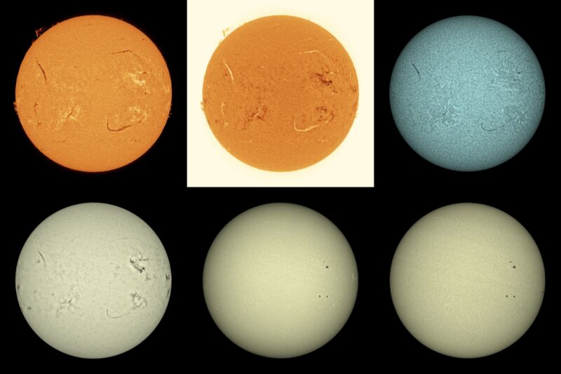 The sun, seen as four spheres in different bright colors.