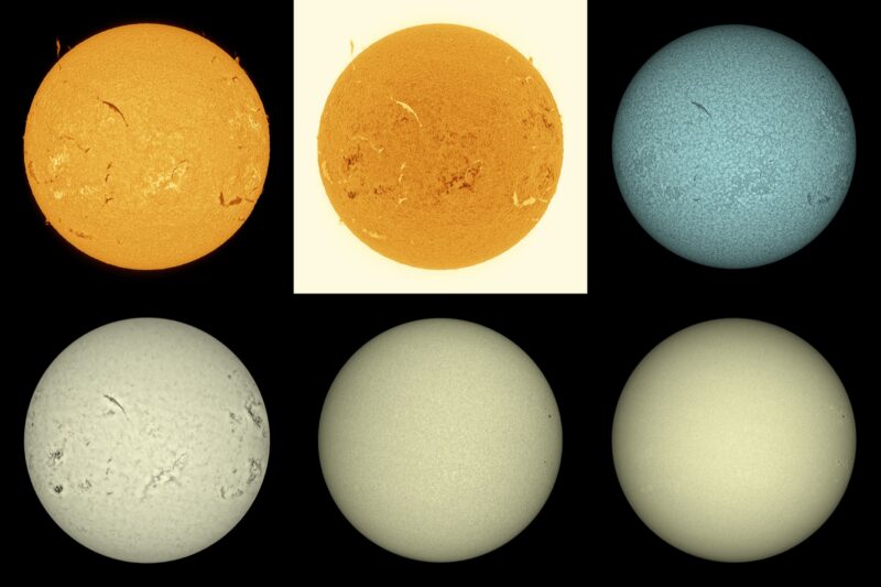 The sun, seen as four spheres in different bright colors.