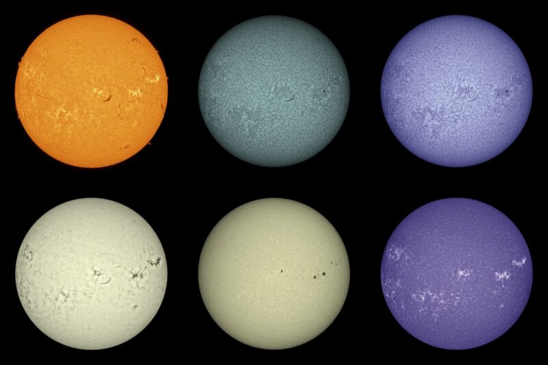 The sun, seen as six spheres in different bright colors.