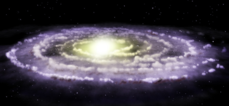 Artist’s concept of the Milky Way, with a bright center, purplish spiral arms and a surrounding halo.