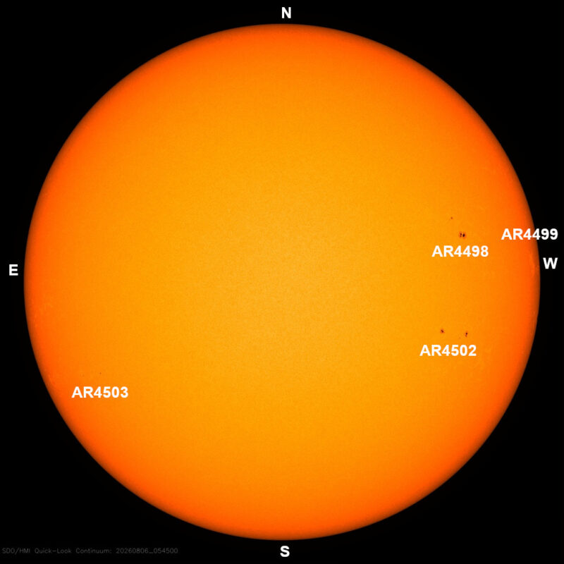 The sun, seen as a large yellow sphere with dark spots, each labeled.