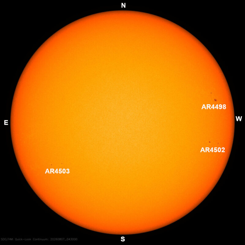 The sun, seen as a large yellow sphere with dark spots, each labeled.