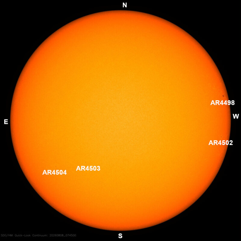 The sun, seen as a large yellow sphere with dark spots, each labeled.