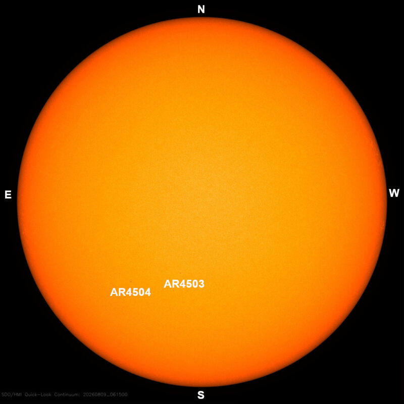 The sun, seen as a large yellow sphere with dark spots, each labeled.