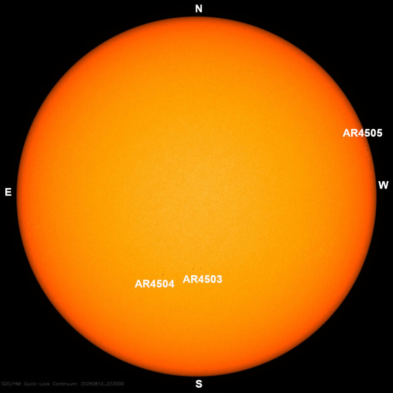The sun, seen as a large yellow sphere with dark spots, each labeled.
