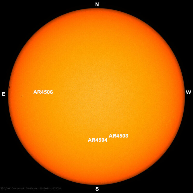 The sun, seen as a large yellow sphere with dark spots, each labeled.