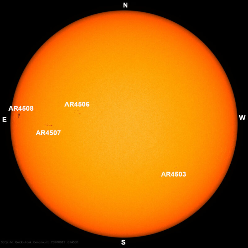 The sun, seen as a large yellow sphere with dark spots, each labeled.