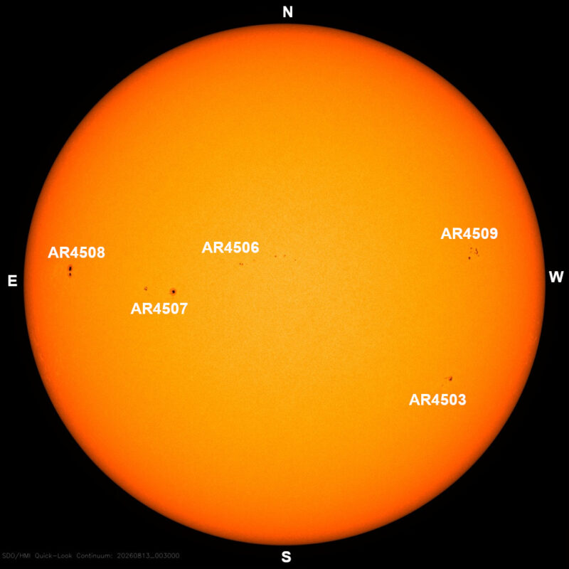 The sun, seen as a large yellow sphere with dark spots, each labeled.