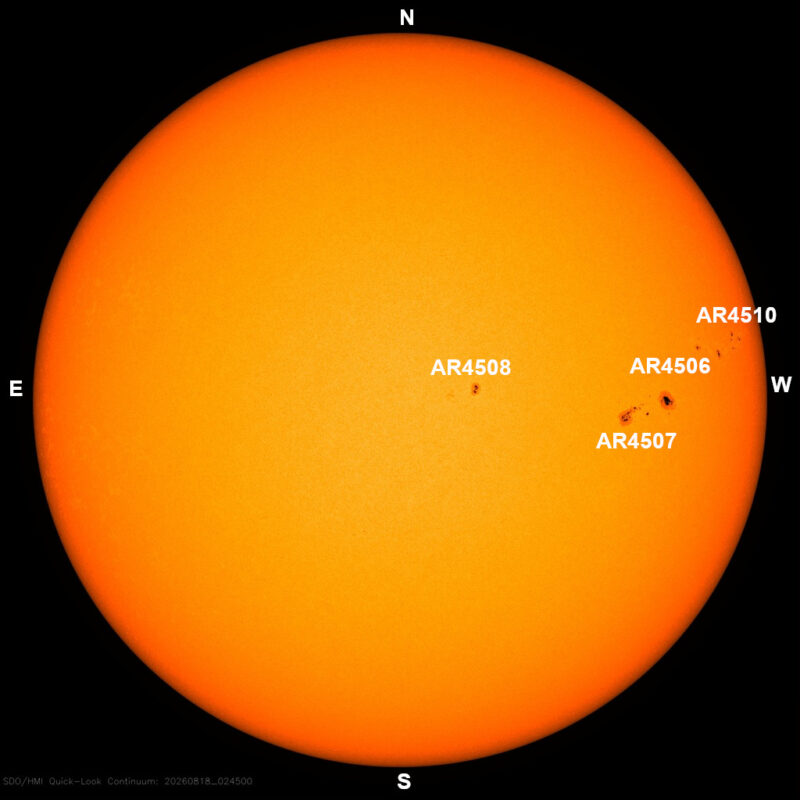 The sun, seen as a large yellow sphere with dark spots, each labeled.