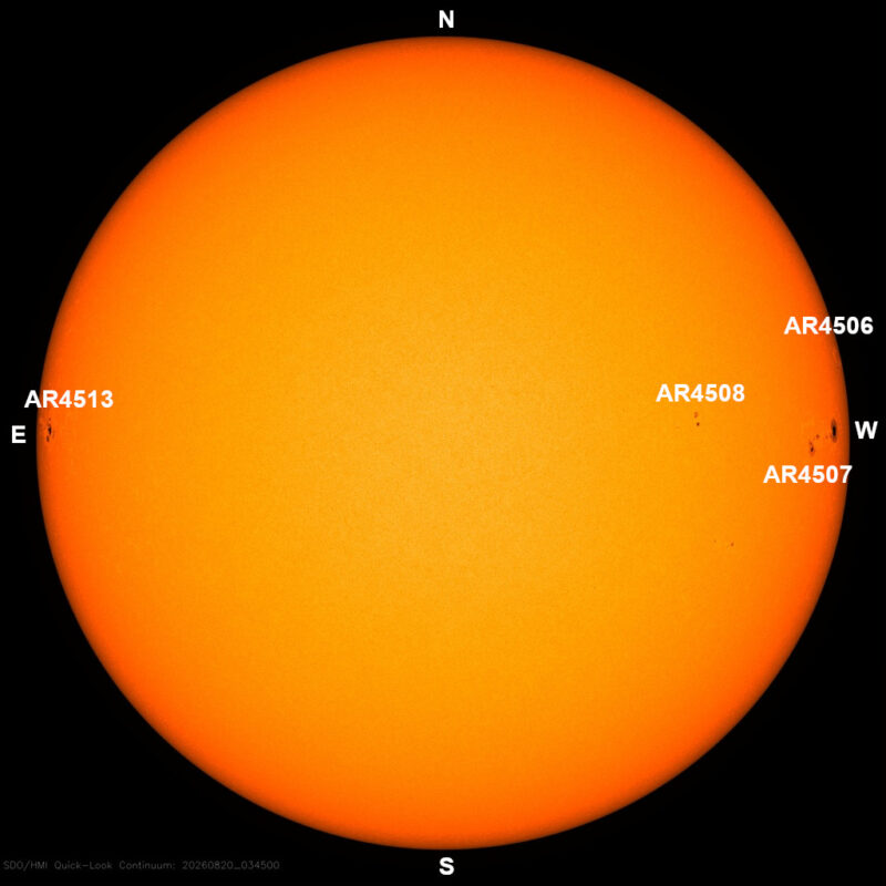 The sun, seen as a large yellow sphere with dark spots, each labeled.