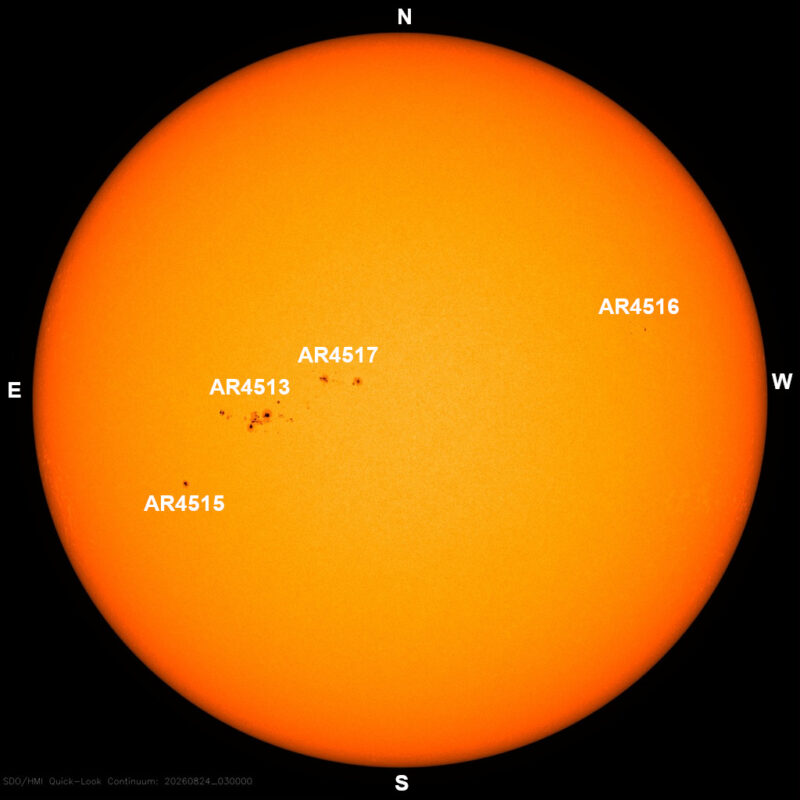 The sun, seen as a large yellow sphere with dark spots, each labeled.