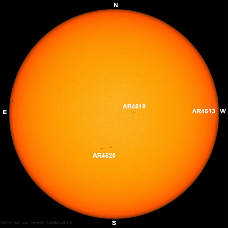 The sun, seen as a large yellow sphere with dark spots, each labeled.