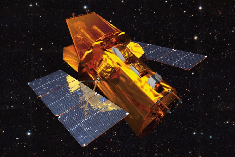 Artist's concept of a golden-looking space telescope, in space.