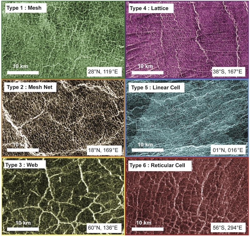 6 rectangles showing images of various types of cracks on a planet's surface.