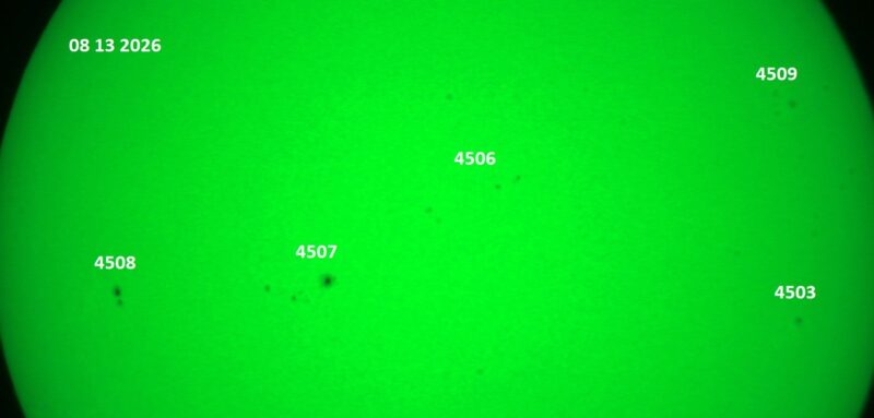 The sun, seen as a green sectional sphere with dark spots, each labeled.