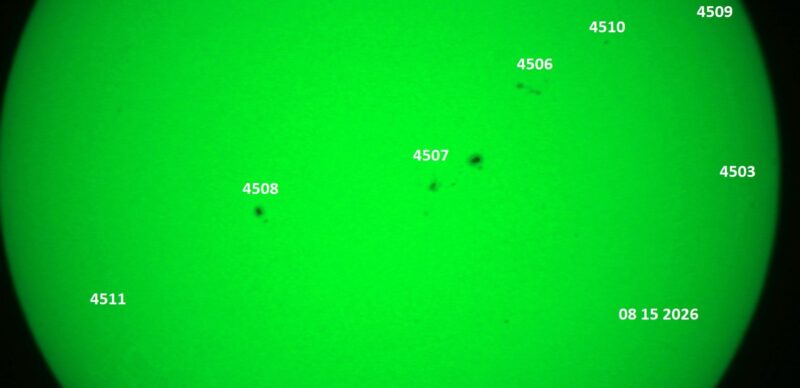 The sun, seen as a green sectional sphere with dark spots, each labeled.