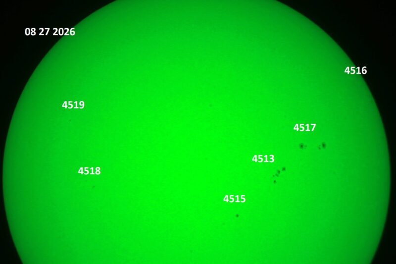 The sun, seen as a green sectional sphere with dark spots, each labeled.