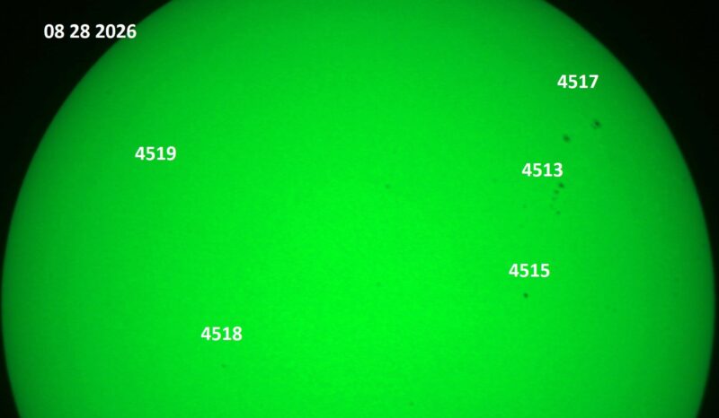 The sun, seen as a green sectional sphere with dark spots, each labeled.