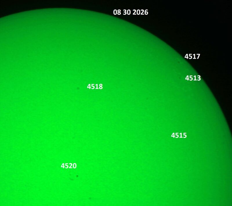 The sun, seen as a green sectional sphere with dark spots, each labeled.