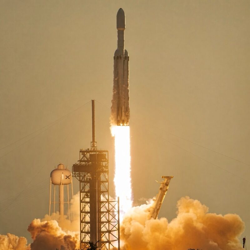 SpaceX Falcon Heavy rocket carrying the Nancy Grace Roman Space Telescope lifts off amid flame and smoke.