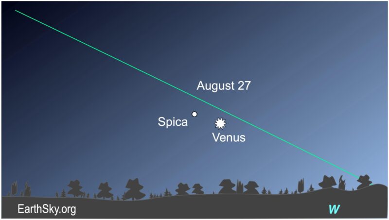 Sky chart: dots for Venus and Spica in twilight along slanted ecliptic line.