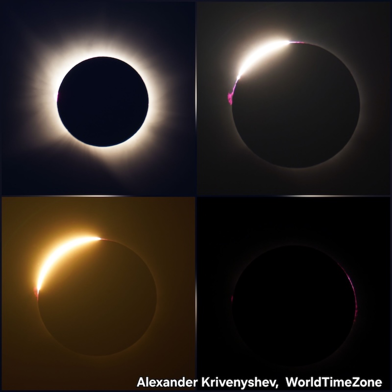 A square image divided into 4 panels, showing various stages of the partial and total solar eclipse.